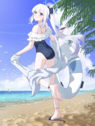 Rule 34 | 1girl, absurdres, barefoot, beach, blue archive, blue eyes, blush, cellphone, feet, highres, innertube, long hair, looking at viewer, miyako (blue archive), parted lips, phone, ponytail, sandals, smartphone, soles, swim ring, swimsuit, toes, white hair