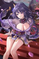 Rule 34 | 1girl, breasts, cleavage, commentary request, feet out of frame, genshin impact, highres, japanese clothes, kimono, large breasts, long braid, long hair, long sleeves, looking at viewer, mayuma (mayuma 0715), obi, off shoulder, parted lips, purple eyes, purple hair, purple kimono, raiden shogun, red sash, sash, sitting, solo, thighs, very long hair
