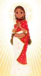 Rule 34 | 1girl, alternate costume, braid, brown hair, commentary request, crop top, dark skin, dark-skinned female, earrings, floral print, forehead, full body, highres, indian clothes, jewelry, long hair, long skirt, long sleeves, midriff, navel, own hands together, palms together, red eyes, sari, shirosato, shirt, skirt, skirt set, smile, solo, standing, stomach, sunburst, touhou, twin braids, twintails, veil, very long hair, white shirt, white skirt, yatadera narumi, yellow background