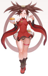 Rule 34 | 1girl, ankle boots, arc system works, bare shoulders, black socks, boots, bow, bow panties, bowl, breasts, brown eyes, brown hair, cheshirrr, chinese clothes, chopsticks, commentary, covered navel, dress, duplicate, fingernails, food, frills, full body, guilty gear, hair ornament, hairclip, highres, holding, kuradoberi jam, long hair, looking at viewer, medium breasts, miniskirt, panties, pelvic curtain, pixel-perfect duplicate, red dress, red footwear, rice, rice bowl, short dress, simple background, skirt, sleeveless, smile, socks, solo, standing, thigh strap, thighs, tongue, tongue out, turtleneck, underwear, very long hair, white background, wide sleeves