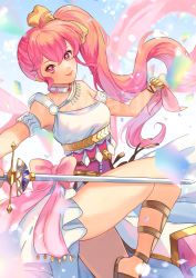 Rule 34 | 1girl, alternate costume, bracelet, commission, dancer, dancer (fire emblem: three houses), dress, fire emblem, fire emblem: mystery of the emblem, fire emblem: new mystery of the emblem, gladiator sandals, hair ribbon, highres, holding, holding sword, holding weapon, jewelry, lips, long hair, looking at viewer, necklace, nintendo, phina (fire emblem), pink eyes, pink hair, ponytail, ribbon, sandals, single-shoulder dress, skeb commission, solo, sword, thighs, wawatiku, weapon