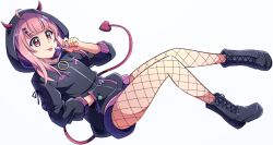 Rule 34 | 1girl, ahoge, black footwear, black hoodie, boots, candy, commentary request, demon girl, demon horns, demon tail, fishnet pantyhose, fishnets, food, hand in pocket, highres, holding, holding candy, holding food, holding lollipop, hood, hood up, hoodie, horned hood, horns, lollipop, miniskirt, nijisanji, ohoho, pantyhose, pink eyes, pink hair, pink skirt, sasaki saku, skirt, solo, tail, tongue, tongue out, virtual youtuber