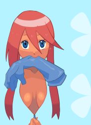 Rule 34 | 1girl, blue background, blue eyes, blue gloves, breasts, cleavage, cosmo (465lilia), creatures (company), dark skin, expressionless, game freak, gloves, hair between eyes, hair ornament, large breasts, lips, long hair, looking at viewer, nintendo, open clothes, pokemon, pokemon bw, red hair, shiny skin, skyla (pokemon), solo