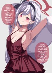 Rule 34 | 1girl, absurdres, armpits, arms up, blue archive, blush, breasts, caramellate, commentary, dress, earrings, english commentary, english text, grey hair, halo, highres, jewelry, long hair, looking at viewer, low-cut, mesugaki, mutsuki (blue archive), mutsuki (dress) (blue archive), official alternate costume, pearl earrings, pink eyes, pointy ears, presenting armpit, red dress, red halo, shawl, side ponytail, simple background, sleeveless, sleeveless dress, small breasts, smile, solo, speech bubble, sweat, talking, tongue, tongue out, upper body, wavy ends, white background, white fur