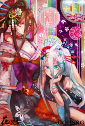 Rule 34 | 2boys, ahoge, aqua eyes, bare shoulders, beads, blue eyes, bow, bowl, brown hair, clothing request, collar, commentary request, crossdressing, dual persona, floral print, flower, gradient hair, grey hair, hair between eyes, hair flower, hair ornament, hair stick, highres, holding, holding bowl, japanese clothes, kamukura izuru, kimono, large bow, long hair, looking at viewer, lying, mole, mole under eye, multicolored hair, multiple boys, obi, off shoulder, open mouth, orange flower, purple bow, red collar, red eyes, red flower, sash, sitting, smile, spoilers, teeth, tongue, tongue out, translation request, tuteurfars shin, upper teeth only, yellow flower