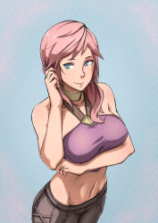 Rule 34 | 10s, 1girl, bare shoulders, blue eyes, breast hold, breasts, choker, final fantasy, final fantasy xiv, highres, hyur, imdsound, long hair, looking at viewer, midriff, pink hair, smile, solo