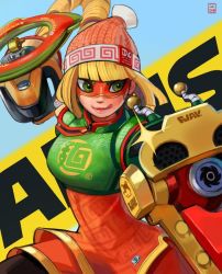 Rule 34 | 1girl, arms (game), beanie, bike shorts, blonde hair, blunt bangs, bob cut, chinese clothes, domino mask, dragon (arms), facepaint, fighting stance, green eyes, hat, mask, min min (arms), nintendo, overlord jc, ramram (arms), short hair, shorts, smile, solo, super smash bros.