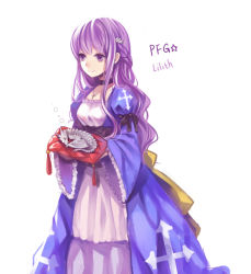 Rule 34 | choker, cross, dragon, dress, jewelry, long hair, momori, necklace, pillow, pixiv fantasia, pixiv fantasia wizard and knight, purple eyes, purple hair, simple background, smile, solo