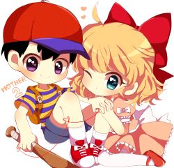 Rule 34 | 1boy, 1girl, ahoge, artist request, bad id, bad pixiv id, black hair, blonde hair, couple, dress, hat, heart, heart of string, highres, looking at viewer, mother (game), mother 2, ness (mother 2), nintendo, paula (mother 2), pink dress, smile, string, string of fate