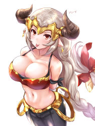 Rule 34 | 1girl, aliza (granblue fantasy), arm wrap, armband, arms behind back, bare shoulders, belt, black pants, blush, bow, braid, breasts, cleavage, collarbone, draph, earrings, granblue fantasy, hair pulled back, headpiece, highres, hip focus, horns, jewelry, large breasts, long braid, long hair, looking at viewer, low-tied long hair, midriff, navel, pants, pointy ears, red bow, red eyes, silver hair, simple background, single braid, smile, solo, tongue, tongue out, tsuchinoto, white background