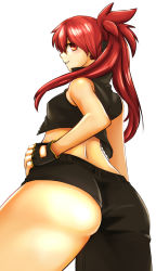 Rule 34 | 1girl, ass, asymmetrical clothes, bare shoulders, blazing heart (elsword), blush, breasts, elesis (elsword), elsword, fingerless gloves, from behind, gloves, grin, long hair, looking at viewer, orange eyes, parted lips, ponytail, red hair, reversein, shiny skin, sideboob, simple background, smile, solo, vest, white background