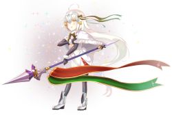 Rule 34 | 1girl, absurdly long hair, ahoge, bell, black gloves, black pantyhose, blush, elbow gloves, fate/grand order, fate (series), full body, gloves, headpiece, highres, holding, holding polearm, holding spear, holding weapon, jeanne d&#039;arc (fate), jeanne d&#039;arc alter santa lily (fate), kaerunoko, long hair, looking away, open mouth, pantyhose, polearm, smile, solo, spear, very long hair, weapon, white hair, yellow eyes