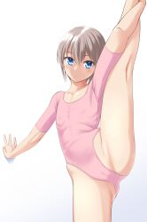Rule 34 | 1girl, absurdres, against wall, athletic leotard, ballet, blue eyes, breasts, cameltoe, cleft of venus, commentary request, cowboy shot, flat chest, grey hair, highres, leotard, looking at viewer, original, parted lips, pink leotard, ribs, short hair, short sleeves, simple background, small breasts, solo, split, standing, standing on one leg, standing split, takafumi, variant set, white background
