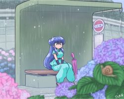 Rule 34 | 1girl, bus stop, looking up, purple hair, rain, ranma 1/2, shampoo (ranma 1/2), sitting, solo, umbrella, wanta (futoshi)