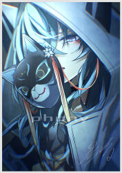 Rule 34 | 1girl, absurdres, animal ear hood, black choker, blue eyes, blue hair, border, bow, bowtie, cat mask, choker, chromatic aberration, commentary, fake animal ears, hair between eyes, highres, hololive, hood, hood up, hoshimachi suisei, hoshimachi suisei (school uniform), long hair, mask, official alternate costume, official alternate hair length, official alternate hairstyle, parted lips, phony (cevio), portrait, signature, solo, song name, star (symbol), star in eye, symbol in eye, upper body, virtual youtuber, yellow bow, yellow bowtie, yoihami 294
