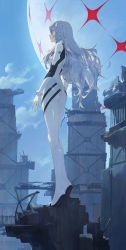 Rule 34 | 1girl, absurdres, ass, ayanami rei, blue hair, blue sky, building, cloud, commentary request, day, evangelion: 3.0+1.0 thrice upon a time, full body, highres, long hair, looking away, looking up, modare, neon genesis evangelion, plugsuit, rebuild of evangelion, red eyes, ruins, sky, standing