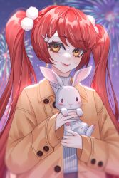 Rule 34 | 1girl, animal, blurry, blurry background, brown jacket, chinese zodiac, closed mouth, cotton ball, feiluo, fireworks, hair ornament, highres, holding, holding animal, jacket, kumu zaisheng, long hair, long sleeves, looking at viewer, night, night sky, orange eyes, pink lips, rabbit, rabbit hair ornament, red hair, sky, smile, solo, sweater, turtleneck, turtleneck sweater, twintails, upper body, white sweater, xing xueyuan, year of the rabbit