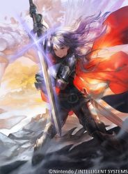 Rule 34 | 1girl, armor, armored boots, blue eyes, blue hair, boots, breastplate, cape, cloud, cloudy sky, day, dragon, falchion (fire emblem), fire emblem, fire emblem awakening, fire emblem cipher, gloves, hirooka masaki, long hair, looking at viewer, lucina (fire emblem), nintendo, official art, outdoors, scabbard, sheath, shield, sky, smile, solo, standing, sword, tiara, unsheathed, watermark, weapon, wind