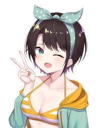 Rule 34 | 1girl, ;d, bare shoulders, bikini, black hair, blush, breasts, cleavage, collarbone, green eyes, green jacket, green ribbon, hair ribbon, hand up, highres, hololive, jacket, kuki panda (wkdwnsgk13), looking at viewer, medium breasts, nail polish, off shoulder, one eye closed, oozora subaru, oozora subaru (hololive summer 2019), open clothes, open jacket, open mouth, polka dot, polka dot ribbon, red nails, ribbon, short hair, simple background, smile, solo, striped bikini, striped clothes, swimsuit, upper body, v, virtual youtuber, white background