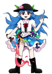 Rule 34 | 1girl, apron, black footwear, black hair, blue hair, blue skirt, boots, bow, bowtie, buttons, center frills, collared shirt, commentary request, eyelashes, flaming sword, flaming weapon, frilled skirt, frills, full body, hair spread out, hand up, hat, hinanawi tenshi, holding, holding sword, holding weapon, korean commentary, leaf hat ornament, long hair, miniskirt, open mouth, parody, peach hat ornament, pleated skirt, puffy short sleeves, puffy sleeves, rainbow gradient, red bow, red bowtie, red eyes, shide, shirt, short sleeves, simple background, skirt, smile, solo, straight-on, style parody, sword, teeth, touhou, upper teeth only, waist apron, waiwa way, weapon, white apron, white background, white shirt, white sleeves, zun (style)