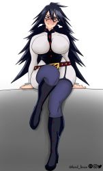 Rule 34 | 1girl, absurdres, artist name, belt, black hair, blue eyes, blush, bodystocking, boku no hero academia, boots, breasts, domino mask, garter straps, heavy breathing, highres, large breasts, long hair, looking at viewer, lord lince, mask, midnight (boku no hero academia), naughty face, sitting, smile, solo, thighs, white background