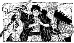 Rule 34 | 3boys, abs, black hair, cape, earrings, eustass kid, fur cape, goggles, goggles on head, grin, hat, jacket, jacket on shoulders, jewelry, male focus, mechanical arms, monkey d. luffy, monochrome, multiple boys, nishiponi, oda eiichirou (style), official style, one piece, open clothes, open shirt, pectorals, scar, short hair, smile, standing, straw hat, tattoo, teeth, trafalgar law, upper body