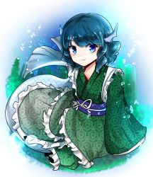Rule 34 | 1girl, blue eyes, blue hair, bubble, double dealing character, drill hair, drill sidelocks, fins, frilled kimono, frills, green kimono, head fins, japanese clothes, kimono, looking at viewer, makotono (makotono 00), mermaid, monster girl, obi, sash, sidelocks, solo, touhou, underwater, wakasagihime, wide sleeves