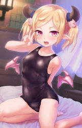 Rule 34 | 1girl, bare legs, barefoot, black one-piece swimsuit, black school swimsuit, blonde hair, blush, child, demon girl, demon horns, demon wings, fang, hair ornament, horns, long hair, looking at viewer, one-piece swimsuit, open mouth, original, pointy ears, red eyes, school swimsuit, shinovi, short twintails, sitting, smile, solo, swimsuit, twintails, v, wings