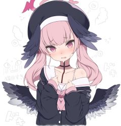 Rule 34 | 1girl, beret, blue archive, blush, clenched hands, collarbone, gamuo, halo, hat, head wings, koharu (blue archive), looking at viewer, medium hair, open mouth, pink eyes, pink hair, portrait, school uniform, solo, sweat, translation request, winged hat, wings
