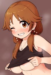 Rule 34 | 1girl, bad id, bad twitter id, blush, breasts, brown eyes, brown hair, clothes lift, dutch angle, earrings, grin, hair over shoulder, highres, idolmaster, idolmaster cinderella girls, jewelry, katagiri sanae, long hair, looking at viewer, low twintails, medium breasts, necklace, no bra, omaru gyuunyuu, one eye closed, shirt lift, simple background, smile, solo, steam, sweat, tank top, twintails, underboob, upper body