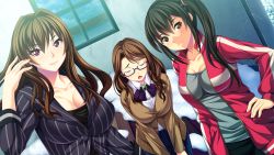 Rule 34 | 3girls, aotonbo, black hair, blush, breasts, brown eyes, brown hair, cleavage, closed eyes, formal, game cg, glasses, hand on own hip, jacket, large breasts, long hair, looking at viewer, multiple girls, ohanabatakerun, open mouth, purple eyes, side ponytail, skirt, smile, snow, standing, suit, xx of the dead