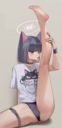 Rule 34 | 1girl, animal ears, barefoot, belt, black choker, black hair, black panties, blue archive, blush, cat ears, choker, colored inner hair, halo, highres, kazusa (band) (blue archive), kazusa (blue archive), kneepits, multicolored hair, official alternate costume, open mouth, panties, pink hair, pink halo, red eyes, rryiup, shirt, short hair, short sleeves, solo, thigh belt, thigh strap, tongue, tongue out, underwear, white shirt