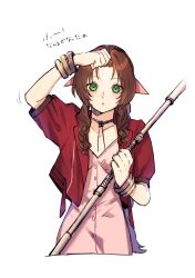 Rule 34 | 1girl, :o, aerith gainsborough, ah yoshimizu, bracelet, brown hair, buttons, commentary request, cropped jacket, cropped torso, curly hair, dress, final fantasy, final fantasy vii, flower, green eyes, hair ribbon, highres, holding, holding staff, holding weapon, jacket, jewelry, long hair, necklace, open clothes, open jacket, open mouth, parted bangs, pink dress, pink ribbon, ponytail, red jacket, ribbon, short sleeves, sidelocks, simple background, solo, staff, sweatdrop, translation request, upper body, weapon, white background