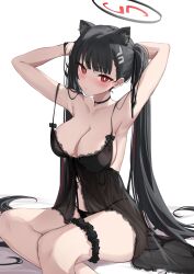 Rule 34 | 1girl, absurdres, adjusting hair, alternate hairstyle, animal ear fluff, animal ears, armpits, arms behind head, arms up, babydoll, bare arms, bare shoulders, black choker, black hair, blue archive, blush, breasts, bridal garter, bright pupils, cat ears, choker, cleavage, commentary, english commentary, feint721, hair spread out, hand in own hair, highres, holding, holding hair, large breasts, long hair, looking at viewer, red eyes, rio (blue archive), simple background, sitting, solo, spaghetti strap, thighs, twintails, very long hair, white background, white pupils