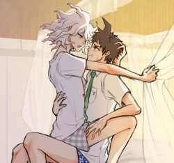 Rule 34 | 2boys, ahoge, blue male underwear, blush, breast pocket, brown hair, commentary, curtain grab, curtains, danganronpa (series), danganronpa 2: goodbye despair, english commentary, green neckwear, grin, hand on another&#039;s back, hand on another&#039;s head, hand on another&#039;s thigh, hinata hajime, indoors, komaeda nagito, long neck, looking at another, male focus, male underwear, multiple boys, necktie, on lap, open mouth, plaid, pocket, shirt, short hair, short sleeves, sitting, smile, straddling, sweatdrop, teeth, underwear, white hair, yandr4hope, yaoi