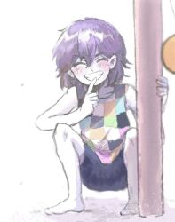 1boy black_shorts blush collarbone colored_skin finger_to_mouth grin hair_behind_ear kel_(headspace)_(omori) kel_(omori) male_focus nat_omogu omori parted_lips purple_hair short_hair shorts smile solo squatting tank_top teeth white_skin