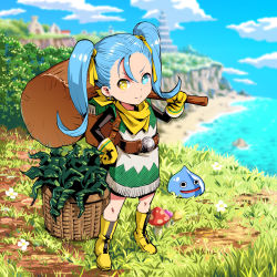 Rule 34 | 1girl, alternate color, backpack, bag, basket, beach, belt, blue eyes, blue hair, boots, bush, closed mouth, cloud, day, dragon quest, dragon quest builders 2, dress, earrings, female builder (dqb2), flower, fringe trim, gloves, grass, hair ribbon, hand on own hip, heterochromia, highres, hoop earrings, jewelry, knee boots, leaf, long hair, looking at viewer, mushroom, ocean, outdoors, parody, ribbon, scarf, sky, slime (dragon quest), smile, solo, sophi ly channel, sophia code, star-shaped pupils, star (symbol), symbol-shaped pupils, twintails, ume (yume uta da), virtual youtuber, water, yellow eyes, yellow footwear, yellow gloves, yellow ribbon, yellow scarf