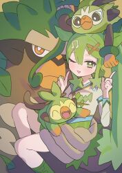 Rule 34 | 1girl, 3others, absurdres, blush, boots, carrying, carrying person, commentary, creatures (company), diamond-shaped pupils, diamond (shape), fortissimo, game freak, gen 8 pokemon, grass miku (project voltage), green eyes, green footwear, green hair, green skirt, grookey, hair ornament, hakudaku, hatsune miku, highres, long hair, long sleeves, looking at viewer, monkey, multiple others, musical note, musical note hair ornament, nintendo, one eye closed, open mouth, pointing, pointing up, pokemon, pokemon (creature), project voltage, rillaboom, shirt, sidelocks, skirt, smile, symbol-shaped pupils, thigh boots, thwackey, twintails, vocaloid, white shirt, x hair ornament, yellow eyes