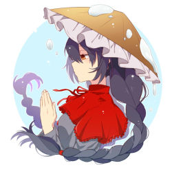 Rule 34 | 1girl, ajirogasa, black hair, braid, breasts, brown eyes, capelet, closed mouth, commentary request, expressionless, frilled capelet, frilled hat, frills, hair between eyes, hat, kurutana, long hair, medium breasts, neck ribbon, own hands together, red capelet, red ribbon, ribbon, snow, solo, touhou, twin braids, upper body, yatadera narumi