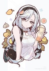 Rule 34 | 1girl, alternate costume, artist request, bad source, bag, breasts, closed mouth, cropped torso, cup, disposable cup, dress, earrings, food, fruit, genshin impact, grey eyes, grey hair, hair ornament, hairband, highres, holding, holding cup, jewelry, lemon, long hair, looking at viewer, mango, medium breasts, milk tea, shenhe (genshin impact), shenhe (heytea) (genshin impact), simple background, sleeveless, solo, tassel, tassel earrings, upper body, white background