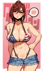 1girl absurdres american_flag american_flag_bikini american_flag_print ayase_momo bare_shoulders bikini breasts brown_eyes brown_hair cleavage commentary_request covered_erect_nipples dandadan earrings flag_print hair_between_eyes hand_on_own_hip highres jewelry large_breasts large_variant_set medium_hair navel nikuatsu_magician_shinbo print_bikini shorts solo spoken_blush swimsuit variant_set