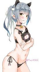 Rule 34 | 10s, 1girl, animal ears, bare shoulders, bell, black bra, black panties, blush, bra, breasts, cat cutout, cat ear panties, cat ears, cat lingerie, cleavage cutout, clenched teeth, clothing cutout, collar, collarbone, cowboy shot, crossed arms, jingle bell, kantai collection, kasumi (kancolle), kasumi kai ni (kancolle), lingerie, looking at viewer, maji (etonato), meme attire, navel, neck bell, panties, short hair, side-tie panties, side ponytail, silver hair, simple background, skindentation, small breasts, solo, standing, teeth, underwear, underwear only, white background, yellow eyes