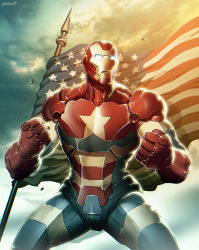 Rule 34 | 1boy, american flag, armor, clenched hands, collaboration, flag, genzoman, iron man (series), iron patriot, joe ng, male focus, marvel, norman osborn, power armor, signature, solo, united states