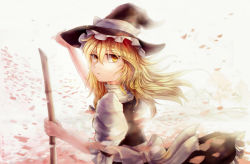 Rule 34 | 1girl, absurdres, adjusting clothes, adjusting headwear, apron, black dress, blonde hair, bow, braid, broom, dress, expressionless, floating hair, fly-gray, frilled dress, frills, hair between eyes, hair bow, hand on headwear, hat, hat bow, highres, holding, kirisame marisa, long hair, looking at viewer, petals, puffy short sleeves, puffy sleeves, ribbon, short sleeves, solo, touhou, upper body, waist apron, white bow, wind, witch, witch hat, yellow eyes