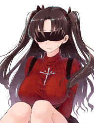 Rule 34 | 1girl, adapted costume, alternate breast size, black hair, black skirt, blindfold, breasts, closed mouth, covered eyes, cross, eyelashes, facing viewer, fate/stay night, fate (series), frown, hair ribbon, highres, knees up, large breasts, long hair, long sleeves, looking away, looking to the side, parted bangs, pout, red sweater, ribbed sweater, ribbon, rucchiifu, sideways glance, simple background, sitting, skirt, sleep mask, solo, suspender skirt, suspenders, sweatdrop, sweater, tohsaka rin, two side up, white background