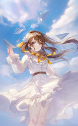 Rule 34 | 1girl, belt, blue eyes, blue sky, brown hair, cloud, cloudy sky, commentary, daby, day, dress, feet out of frame, floating hair, flower, frilled dress, frills, hair flower, hair ornament, hand up, highres, holding paper airplane, knees, legs together, light particles, long dress, long hair, long sleeves, looking at viewer, original, outdoors, paper airplane, parted lips, red ribbon, ribbon, rose, sky, solo, standing, straight hair, symbol-only commentary, thighs, white dress, white flower, white rose