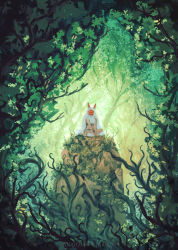 Rule 34 | 1girl, absurdres, anato finnstark, cape, commentary, covered face, day, english commentary, facing viewer, forest, green theme, highres, horns, indian style, mask, mononoke hime, nature, outdoors, san (mononoke hime), sitting, solo, white cape