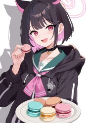Rule 34 | 1girl, animal ears, black choker, black hair, black hoodie, blue archive, blush, cat ears, choker, collarbone, colored inner hair, commentary, food, giving, green sailor collar, halo, hand up, highres, holding, holding food, holding plate, hood, hood down, hoodie, kazusa (blue archive), long sleeves, looking at viewer, macaron, multicolored hair, neckerchief, open mouth, pink eyes, pink hair, pink halo, pink neckerchief, plate, raimu (clanberry000), sailor collar, shadow, short hair, simple background, smile, solo, teeth, tongue, upper teeth only, white background