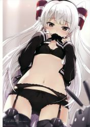 Rule 34 | 1girl, absurdres, amatsukaze (kancolle), black bra, black panties, bow, bow bra, bow panties, bra, breasts, clothes lift, dress, dress lift, from below, garter belt, hair ornament, hair tubes, highres, kantai collection, lingerie, long hair, looking at viewer, mouth hold, navel, ogipote, panties, rensouhou-kun, ribbon, sailor dress, scan, silver hair, simple background, small breasts, solo, solo focus, striped, thighhighs, two side up, underwear