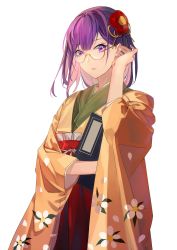 Rule 34 | 1girl, bespectacled, book, commentary request, cowboy shot, eyelashes, eyeshadow, floral print, flower, frills, glasses, green kimono, hair between eyes, hair flower, hair ornament, hakama, hakama skirt, hand up, hieda no akyuu, highres, holding, holding book, houraisan chouko, japanese clothes, kimono, long sleeves, looking at viewer, makeup, obi, pink lips, purple eyes, purple eyeshadow, purple hair, red flower, red hakama, red sash, round eyewear, sash, short hair, simple background, skirt, solo, standing, touhou, white background, wide sleeves, yellow kimono